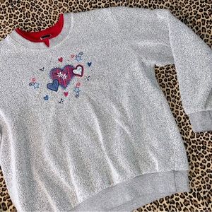 Vintage Sweater Fleece Lined Embroidered Patchwork Hearts Rhinestone Medium 90s